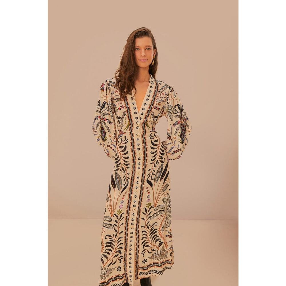 FARM Rio Botanical Print Long Sleeve V-Neck Maxi Dress Classic Nature Sand Large - Picture 2 of 8